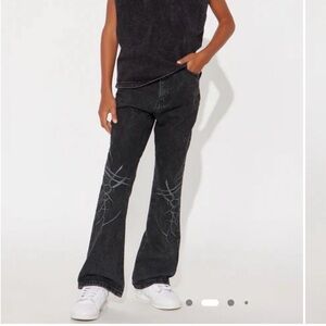 Mini Stacked Slim Flare Thread Bare Embroidered Jean - Black Wash